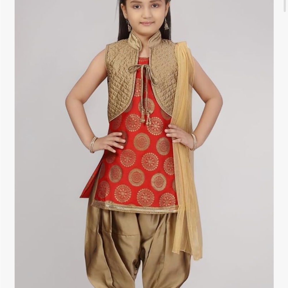 Ethnic Indian Wear Red and Gold Kids Matching Set